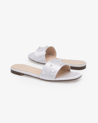 Satin Slip on Wedding Sandals with Scattered Pearls