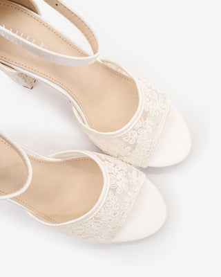 White Crochet Lace Block Heel Wedding Sandals with ankle strap