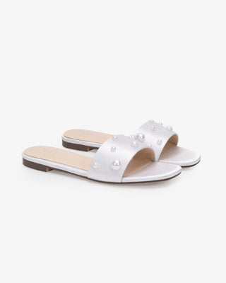 Satin Slip on Wedding Sandals with Scattered Pearls