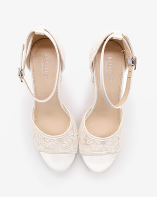 White Crochet Lace Block Heel Wedding Sandals with ankle strap