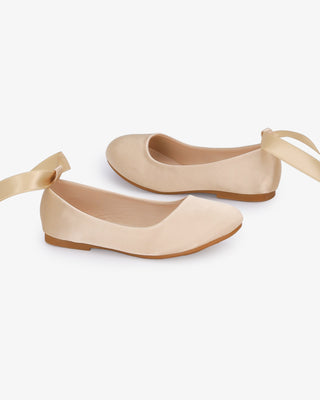 Champagne Satin Ballet Flats with Ankle Tie or Ballerina Lace Up - Satin Lace Up Side View