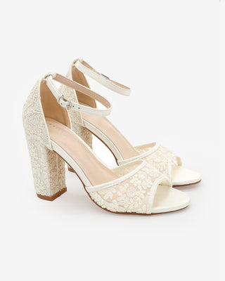 Ivory Crochet Lace Block Heel Wedding Sandals with ankle strap