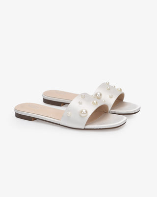 Satin Slip on Wedding Sandals with Scattered Pearls