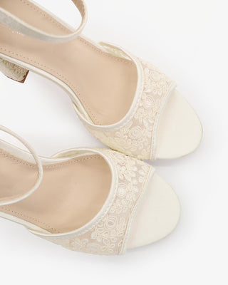 Ivory Crochet Lace Block Heel Wedding Sandals with ankle strap