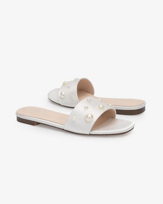 Satin Slip on Wedding Sandals with Scattered Pearls