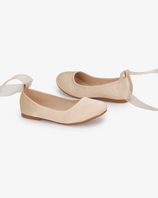 Champagne Satin Ballet Flats with Ankle Tie or Ballerina Lace Up - Sheer Ribbon Lace Up Side View