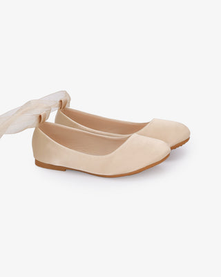 Champagne Satin Ballet Flats with Ankle Tie or Ballerina Lace Up - Sheer Ribbon Lace Up Side View
