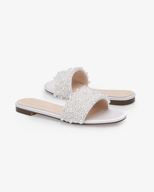 Satin Slip on Wedding Sandals with Perla Applique