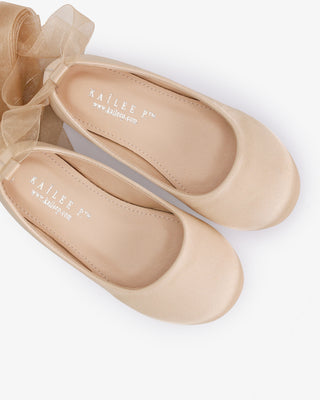 Champagne Satin Ballet Flats with Ankle Tie or Ballerina Lace Up - Sheer Ribbon Lace Up Close-Up