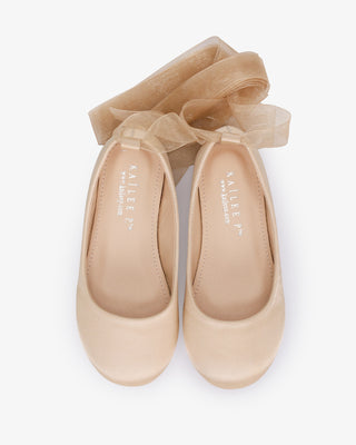 Champagne Satin Ballet Flats with Ankle Tie or Ballerina Lace Up - Sheer Ribbon Lace Up Top View