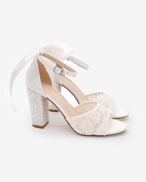 Crochet Lace Block Heel Sandals with Satin Back Bow
