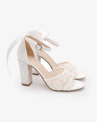 White Crochet Lace Block Heel Sandals with Satin Back Bow