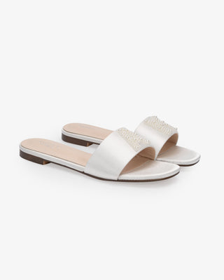 Personalized Satin Slip On Flat Wedding Sandals with All Pearls Letter