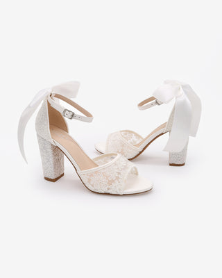White Crochet Lace Block Heel Sandals with Satin Back Bow