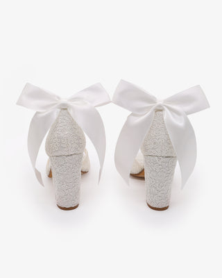 White Crochet Lace Block Heel Sandals with Satin Back Bow