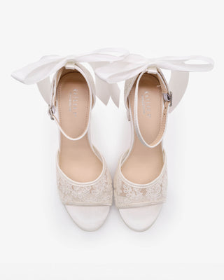 White Crochet Lace Block Heel Sandals with Satin Back Bow