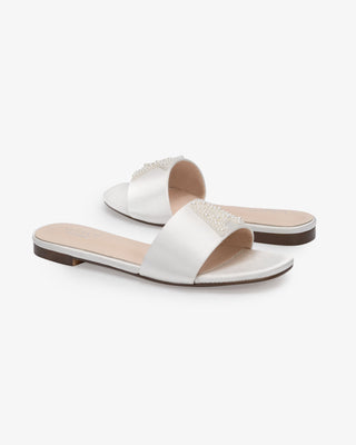 Personalized Satin Slip On Flat Wedding Sandals with All Pearls Letter