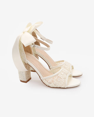 Ivory Crochet Lace Block Heel Sandals with Satin Back Bow