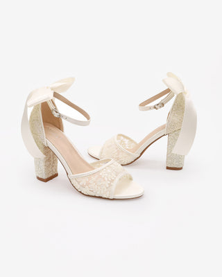 Ivory Crochet Lace Block Heel Sandals with Satin Back Bow