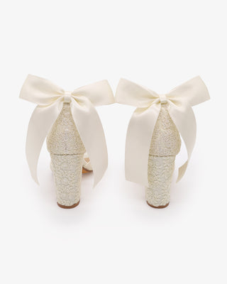 Ivory Crochet Lace Block Heel Sandals with Satin Back Bow