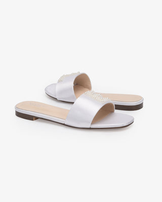 Personalized Satin Slip On Flat Wedding Sandals with All Pearls Letter