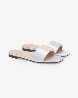 Personalized Satin Slip On Flat Wedding Sandals with All Pearls Letter