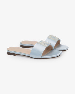Personalized Satin Slip On Flat Wedding Sandals with All Pearls Letter