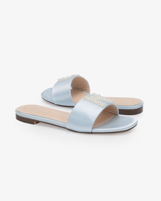 Personalized Satin Slip On Flat Wedding Sandals with All Pearls Letter
