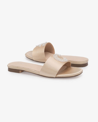 Personalized Satin Slip On Flat Wedding Sandals with All Pearls Letter