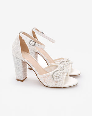 Crochet Lace Block Heel Sandals with Small Pearls Applique