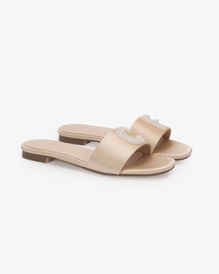 Personalized Satin Slip On Flat Wedding Sandals with All Pearls Letter