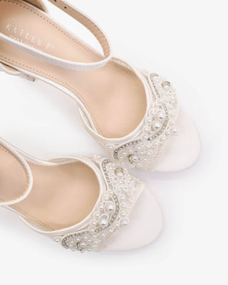 White Crochet Lace Block Heel Sandals with Small Pearls Applique