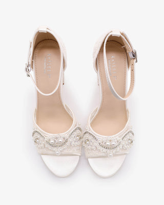 White Crochet Lace Block Heel Sandals with Small Pearls Applique