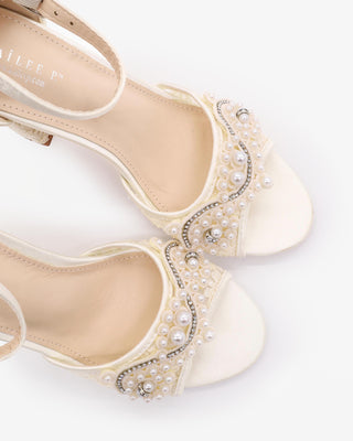 Crochet Lace Block Heel Sandals with Small Pearls Applique