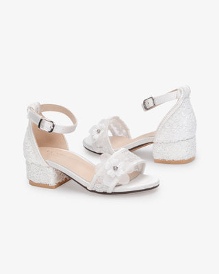 Lace Low Block Heel Girls Sandals with Flowers AppliqueKids Shoes
