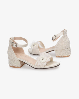 Ivory Lace Block Heel Girls Sandals with Flowers Applique
