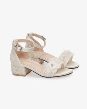 Lace Low Block Heel Girls Sandals with Flowers Applique