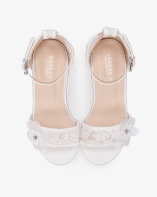 White Lace Block Heel Girls Sandals with Flowers Applique