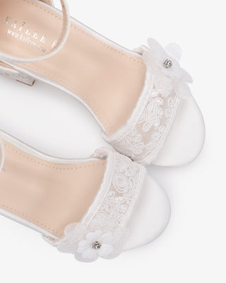 Lace Low Block Heel Girls Sandals with Flowers AppliqueKids Shoes