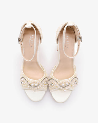 Ivory Crochet Lace Block Heel Sandals with Small Pearls Applique