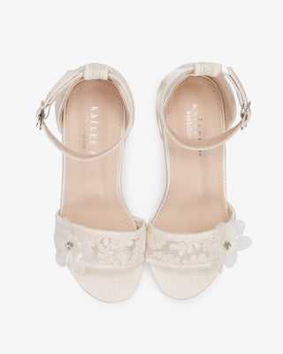 Ivory Lace Block Heel Girls Sandals with Flowers Applique