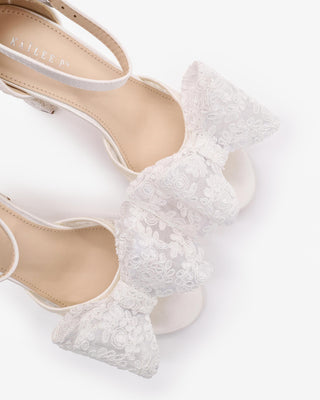 White Crochet Lace Block Heel Sandals with Oversized Crochet Lace Bow