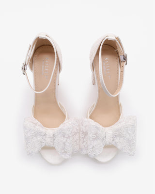White Crochet Lace Block Heel Sandals with Oversized Crochet Lace Bow