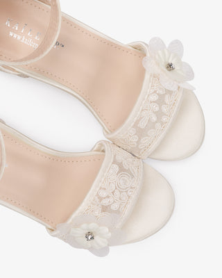 Ivory Lace Block Heel Girls Sandals with Flowers Applique