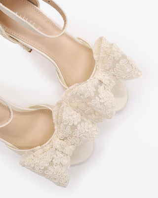 Ivory Crochet Lace Block Heel Sandals with Oversized Crochet Lace Bow