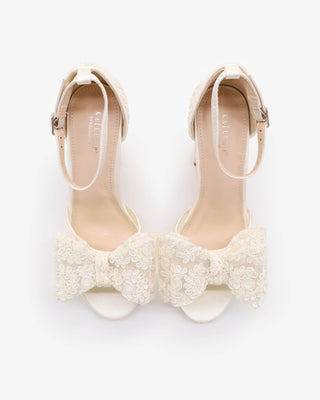 Ivory Crochet Lace Block Heel Sandals with Oversized Crochet Lace Bow