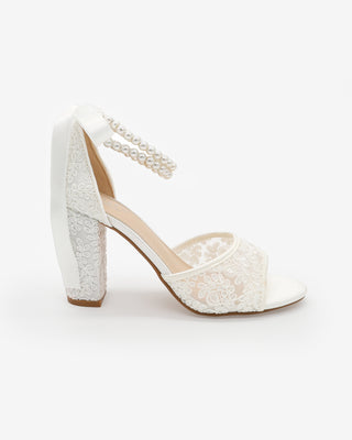 White Crochet Lace Block Heel Sandals with Double Pearls Ankle Strap