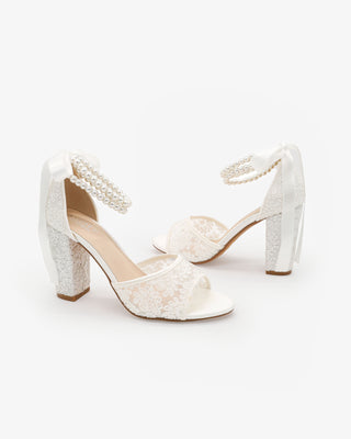 White Crochet Lace Block Heel Sandals with Double Pearls Ankle Strap