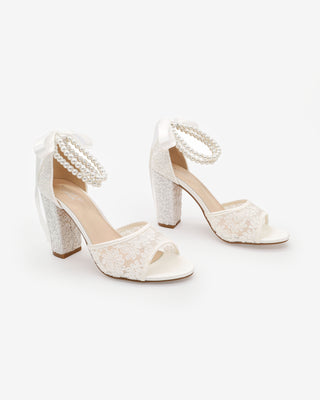 White Crochet Lace Block Heel Sandals with Double Pearls Ankle Strap