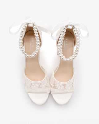 Crochet Lace Block Heel Sandals with Double Pearls Ankle Strap